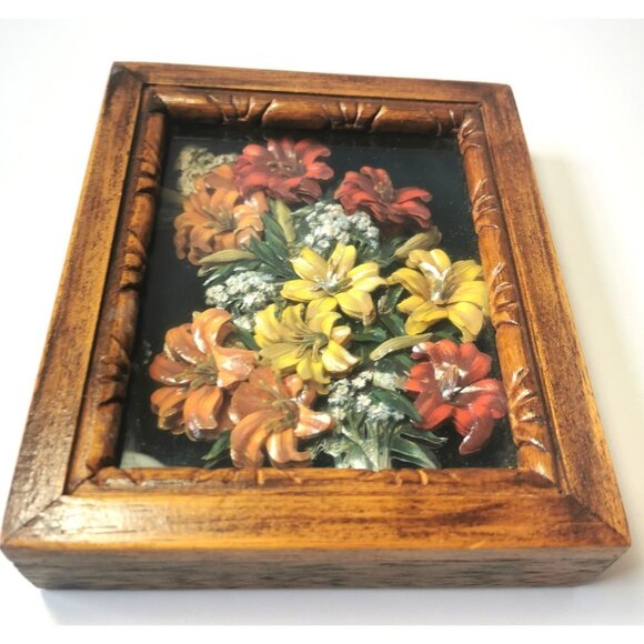 Vintage 3D Decoupage Art Papier Tole Shadow Box Lilies Flowers Two Gals London - Picture 1 of 9